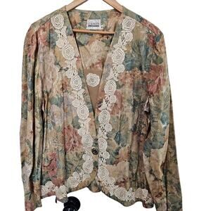 Vintage Classics Blazer Womens Size 18 Beige Lace Cottagecore Preppy Floral